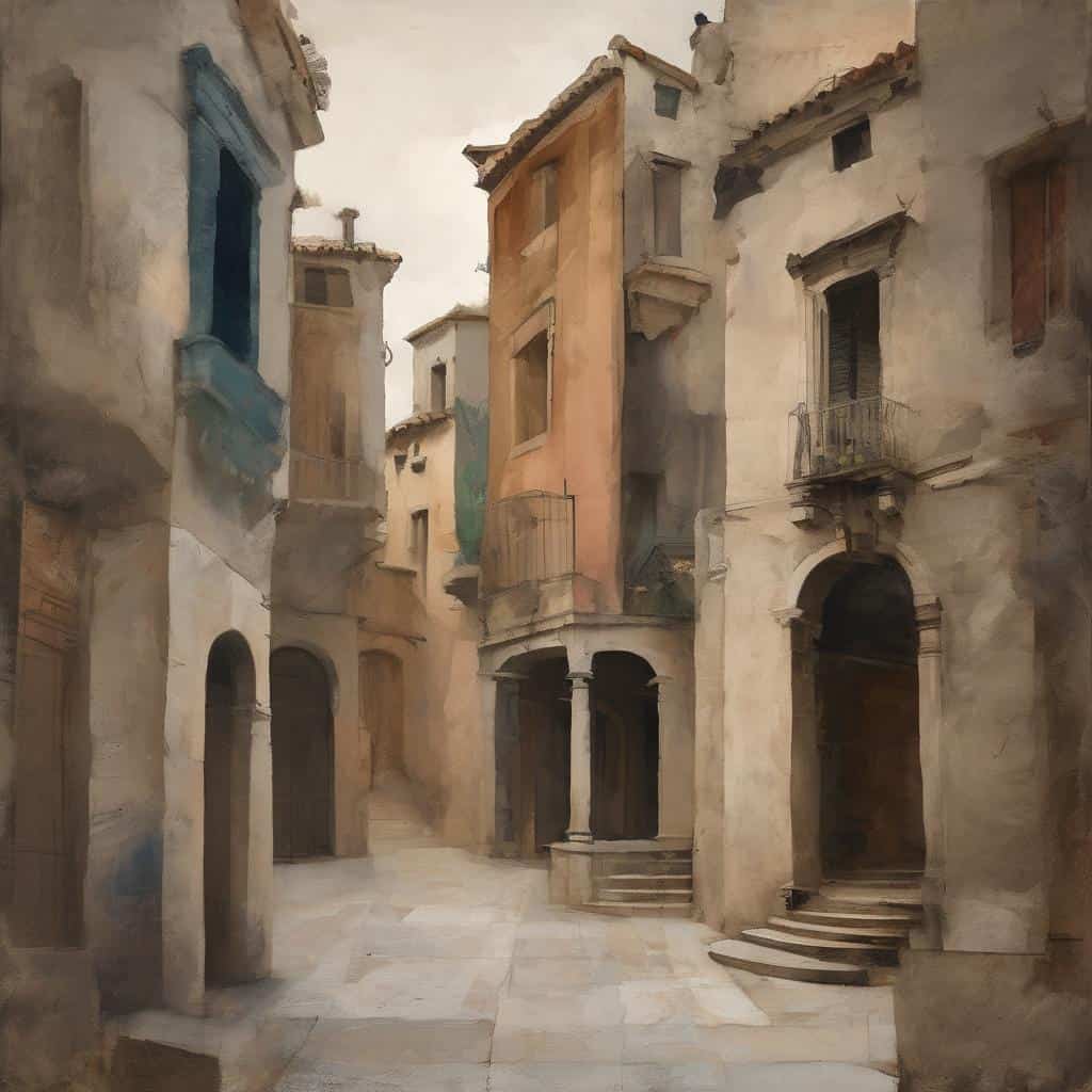 Ρετρό καλλιτεχνική απεικόνιση αρχοντικών και στενών στην παλιά πόλη με εστίαση στην τεχνοεπιστήμη και την τέχνη.