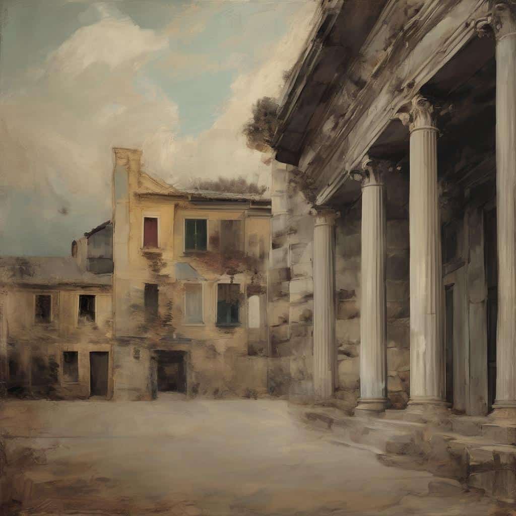 Παλιό κτίριο με ιωνικούς κίονες, αφηρημένο στυλ, αντίδραση καλλιτεχνών στην τεχνοεπιστήμη.