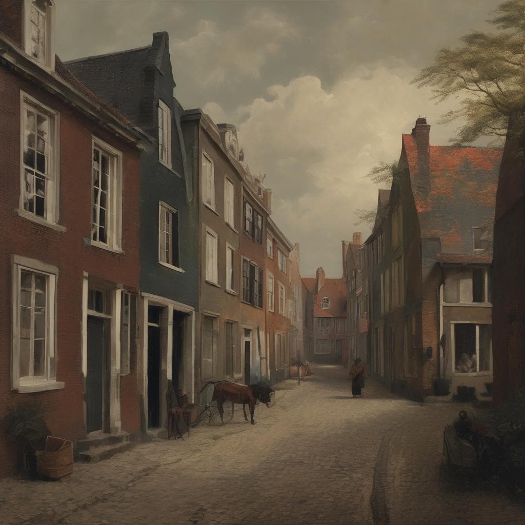 Καλλιτέχνες που αντέδρασαν στην τεχνοεπιστήμη, αναπαράσταση παλιάς πόλης με άμαξες και ανθρώπους.